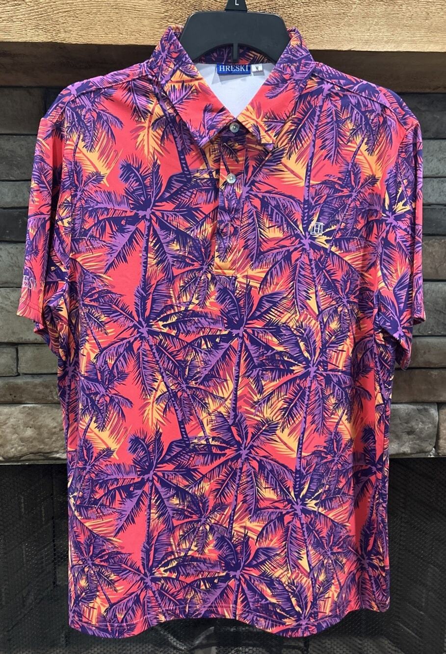 Men’s HRESKI Palm Tree AOP Short Sleeve Polo Shirt Size M *D1